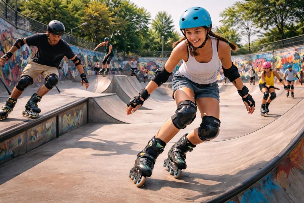découvrez notre gamme complète de patins rollerblade, protections et équipements pour pratiquer le roller et les sports urbains en toute sécurité dans un skate park moderne.